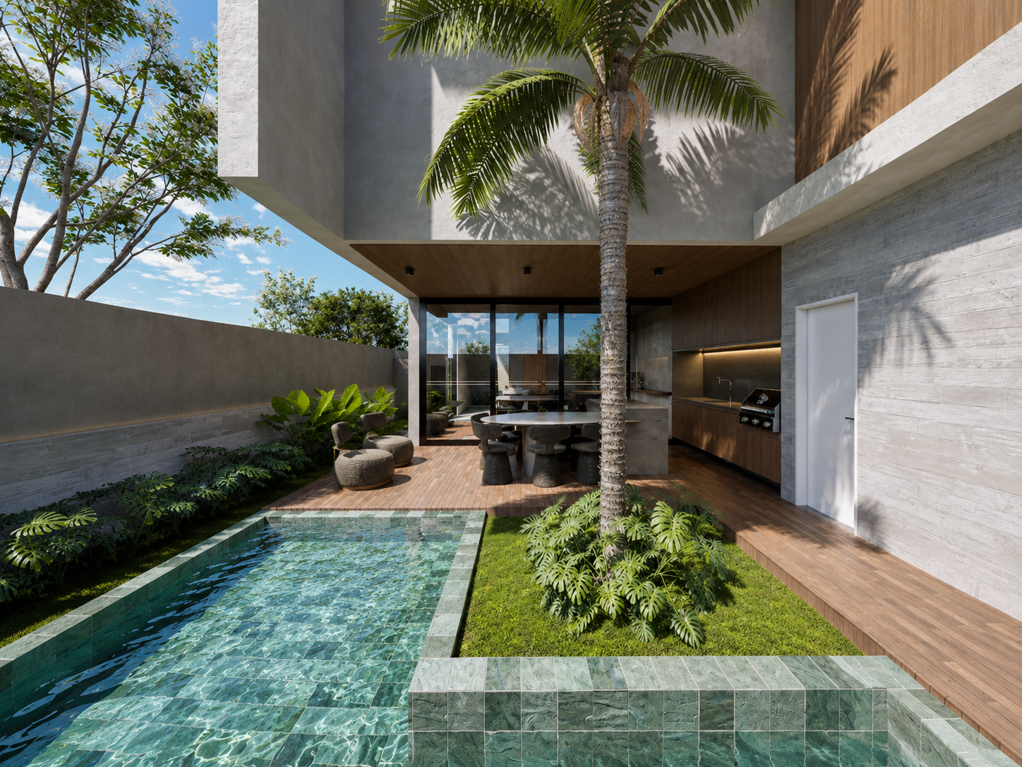 Área externa com piscina e área gourmet da Casa Palmier