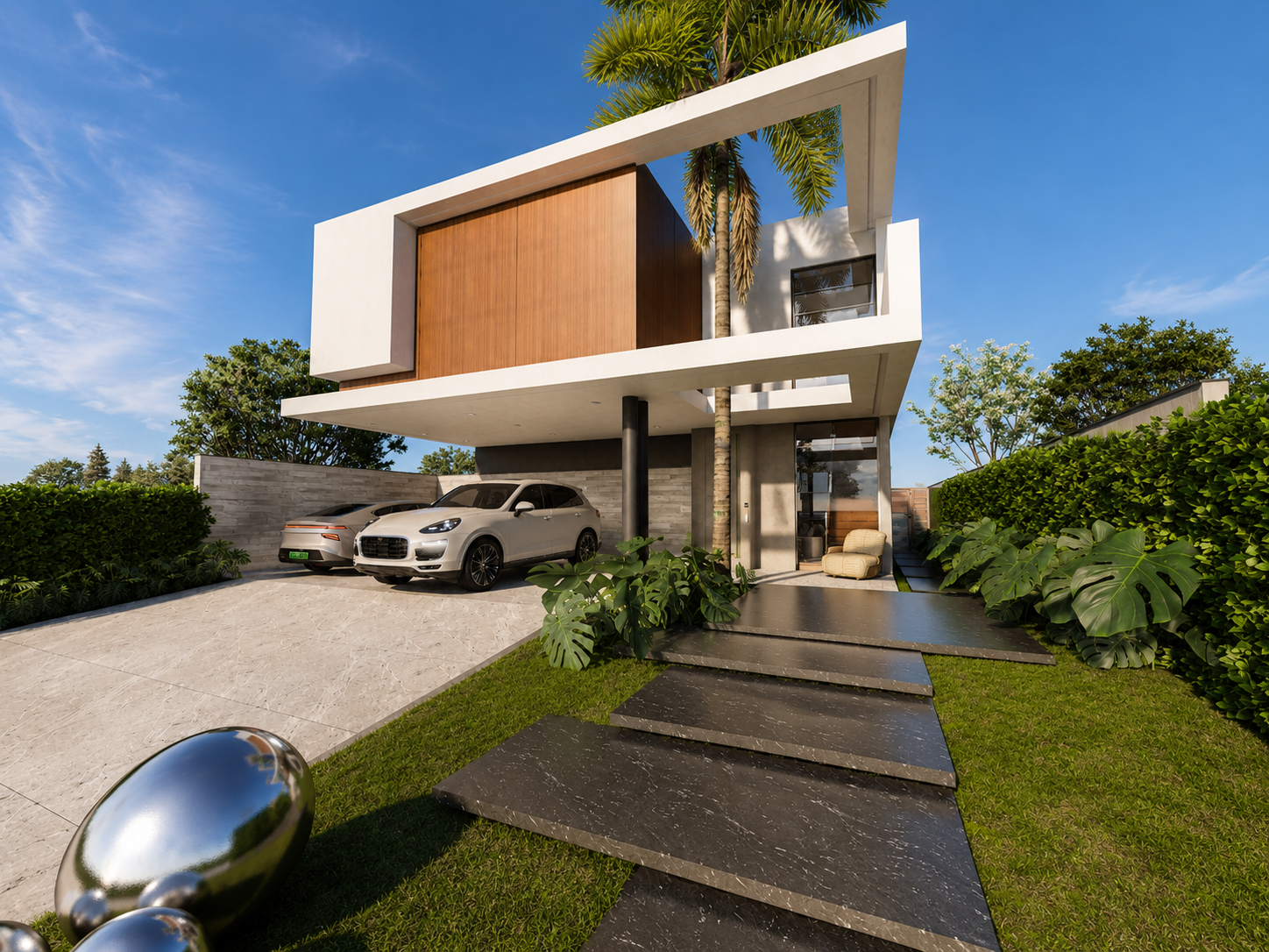 Fachada da Casa Palmier com garagem coberta e acesso principal