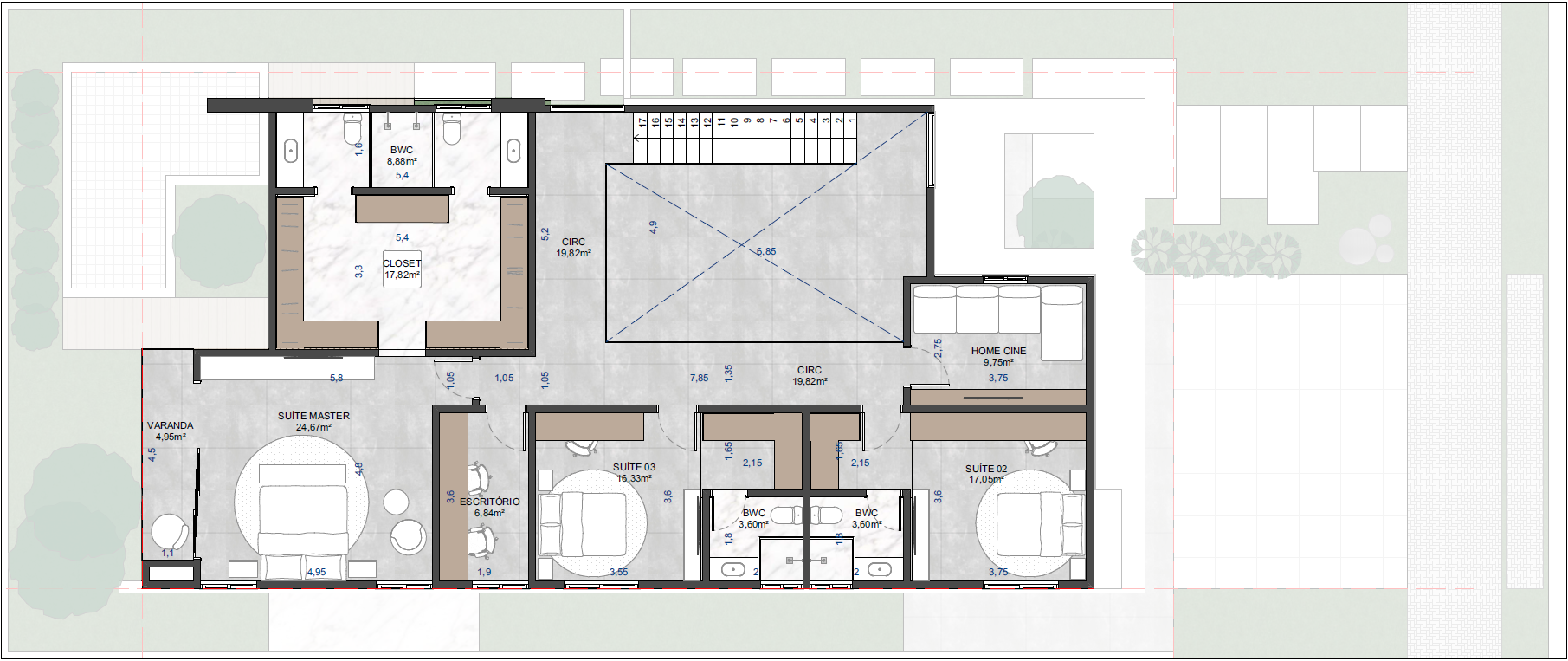 Planta humanizada do 1º pavimento da Casa Palmier