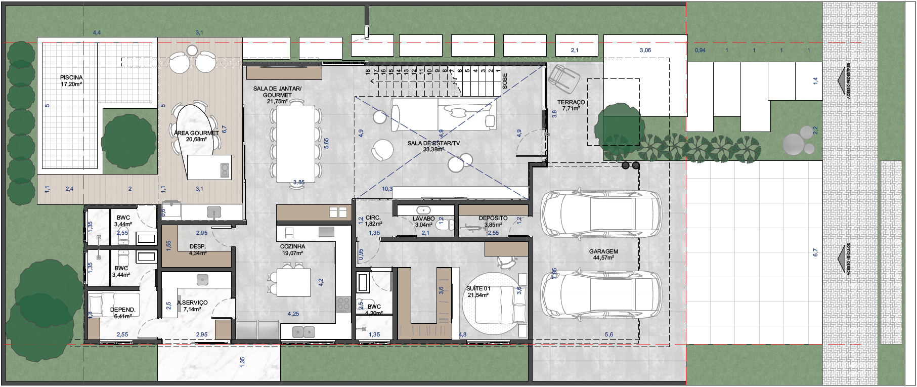 Planta humanizada do pavimento térreo da Casa Palmier